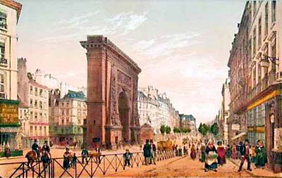 Porte St-Denis, lithograph watercolored, by Philippe Benoist.