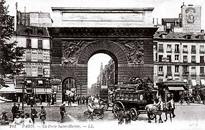 Porte St-Martin with horse-drawn carriage in foreground, ca. 1900.
