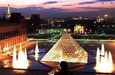 Evening view of I.M. Pei pyramid, looking toward Tuileries