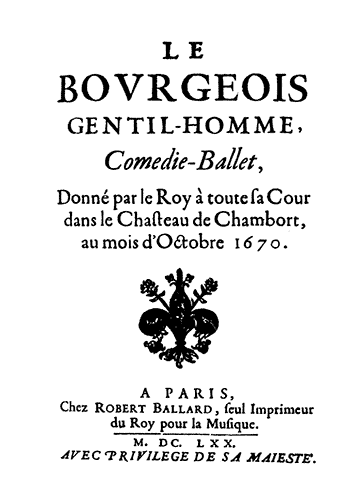 Original program cover for the production of 'Le Bourgeois Gentilhomme' staged by Moliere's acting troupe at Chateau de Chambord in October 1670.