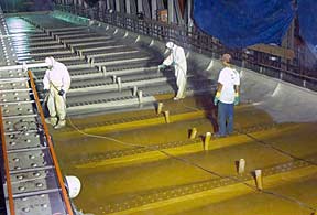 Construction on the Paris Metro at night.